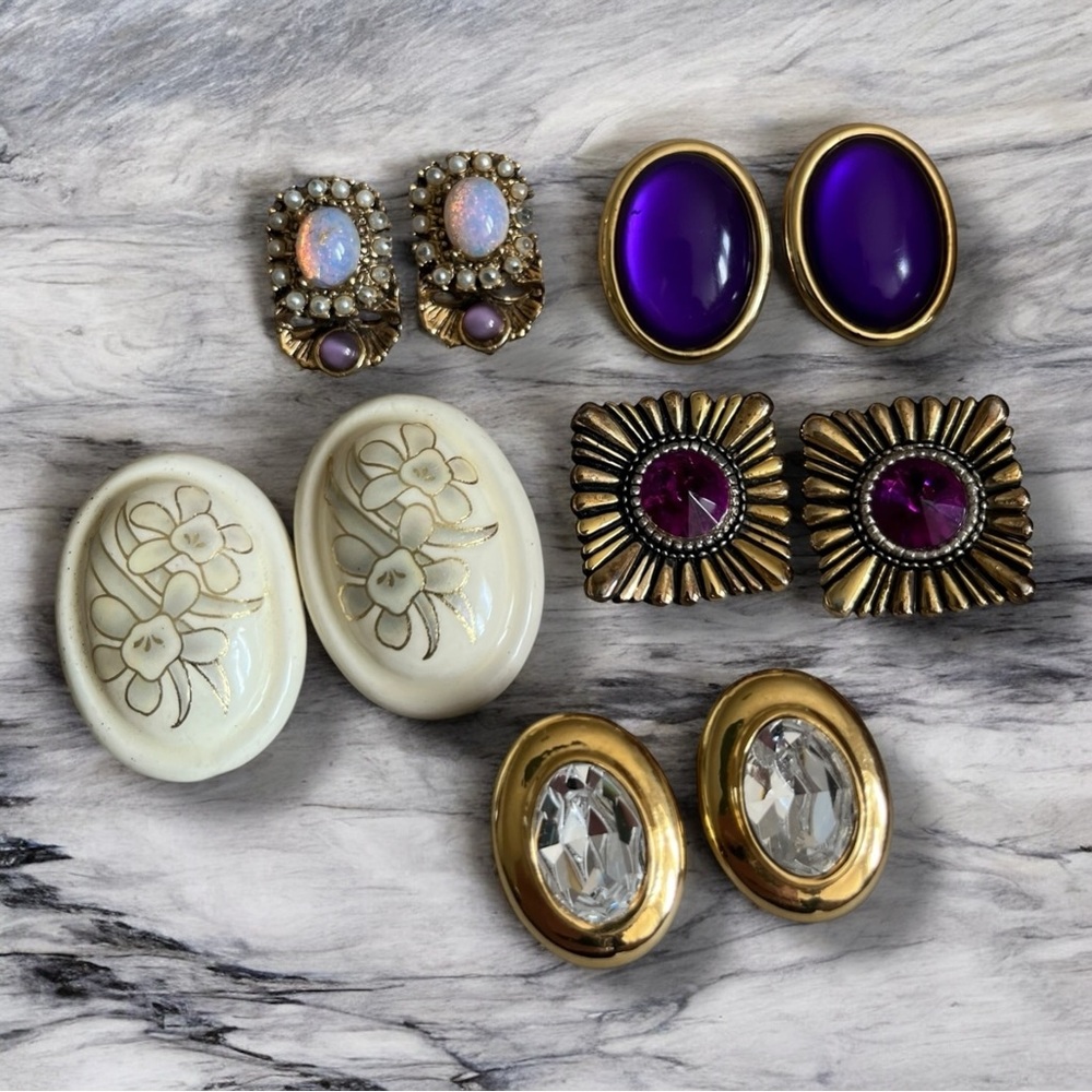 90s Bold Clip Earring Set of Four Pairs Purples Gold Cream Opaline Glass READ